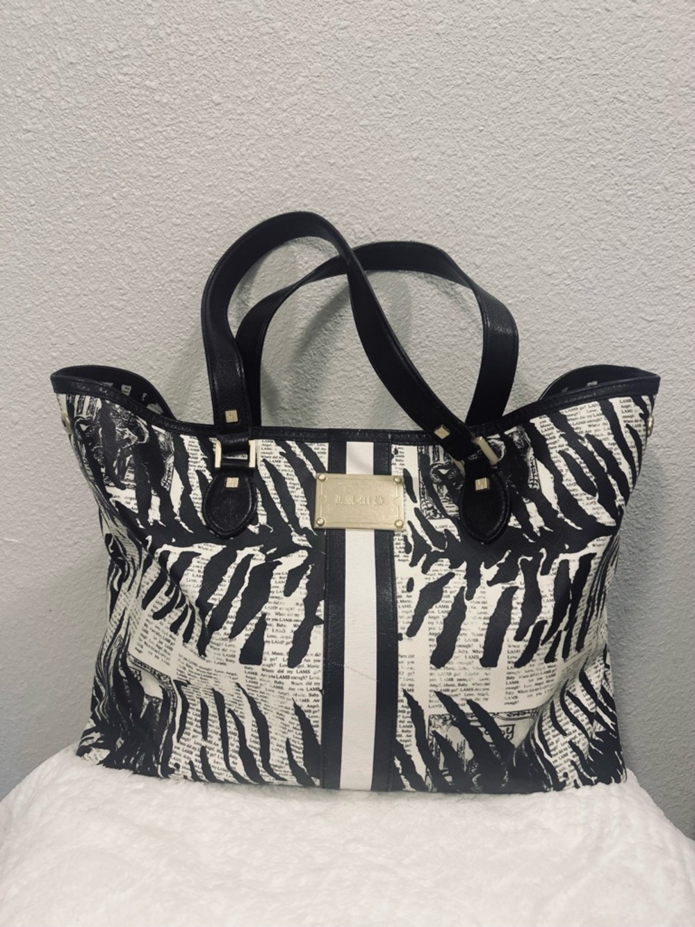 L.A.M.B. Black & White Zebra News Print Tote Bag w/ Dust Bag
